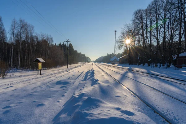 Perspective view to railway covered with snow