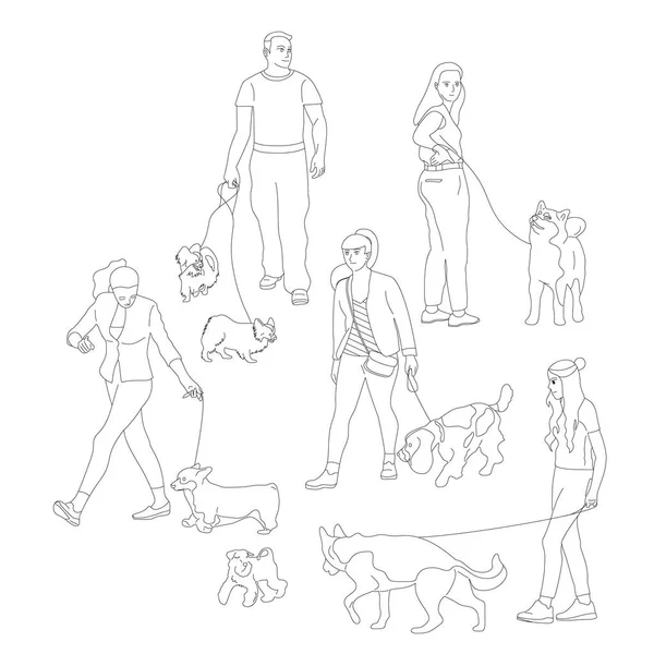 Set of People walking with their dogs on a leash. Bundle of man — Stock Vector