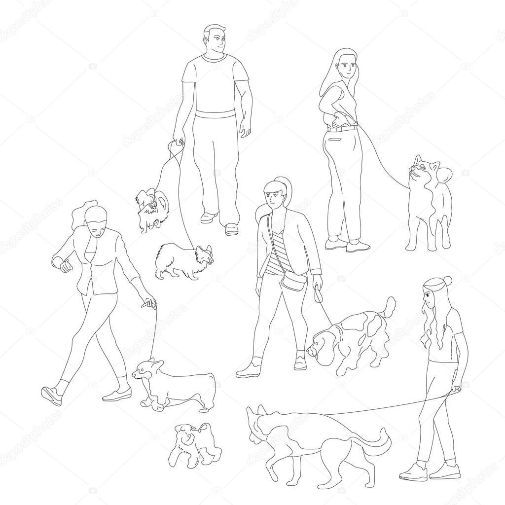 Set of People walking with their dogs on a leash. Bundle of man 