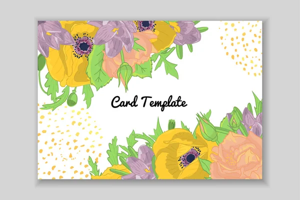 Elle çizilmiş gül, çiçek ve haşhaş çiçekli dikdörtgen bir kart. Tebrik kartı şablonu. Vektör — Stok Vektör