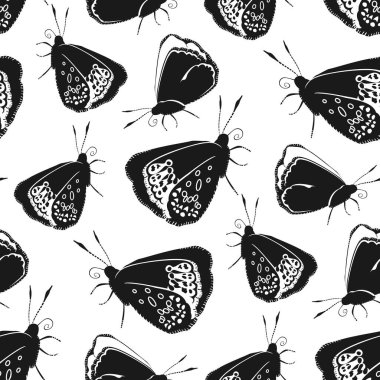 Monochrome seamless pattern with butterflies on white background. Stock vector illustration.