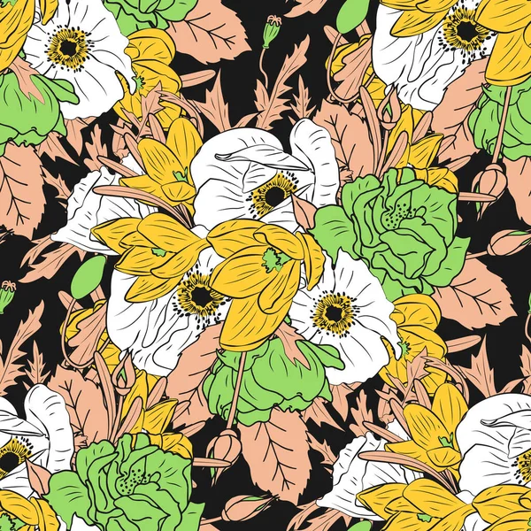 Bunte Florale Nahtlose Muster Mit Handgezeichneten Rosen Mohn Und Krokusblüten — Stockvektor