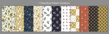 Set of 11 Colorful and monochrome seamless pattern with stylized skulls. Stock vector illustration.