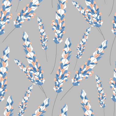 Gri arka planda lavanta çiçekleri olan renksiz çiçek desenli. Stok vektör illüstrasyonu.