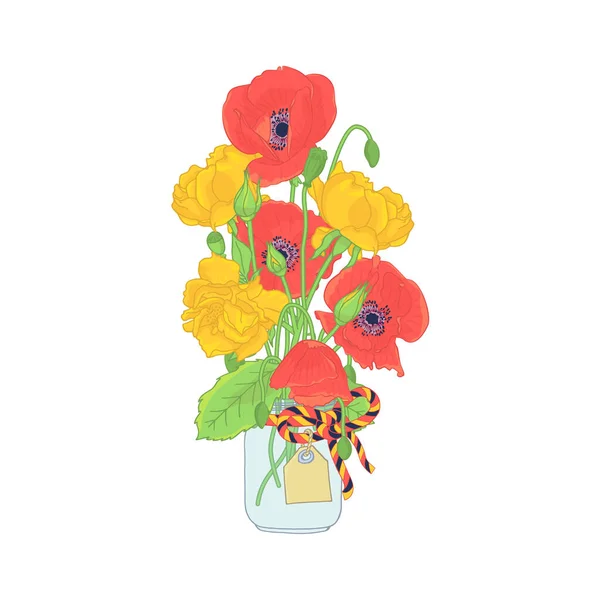 Ručně Kreslené Růže Mák Květiny Zavařeninové Sklenice Kliparty Květinový Designový — Stockový vektor