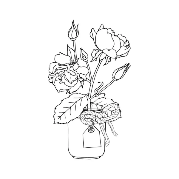 Fleurs roses monochromes dessinées à la main en pot de maçon clipart. Élément de design floral. Isolé sur fond blanc. Vecteur — Image vectorielle