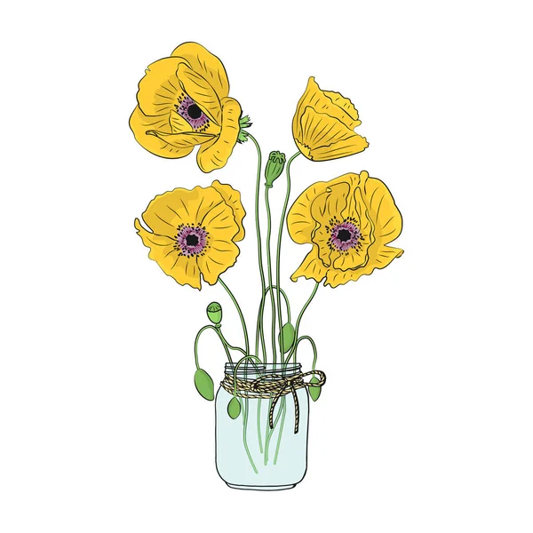 Fleurs de pavot dessinées à la main en pot de maçon clipart. Élément de design floral. Isolé sur fond blanc. Vecteur — Image vectorielle