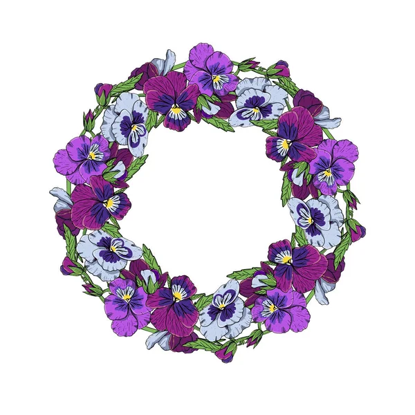 Hand drawn colorful pansy flowers circular wreath. Floral design element. Isolated on white background. Vector — Stock Vector