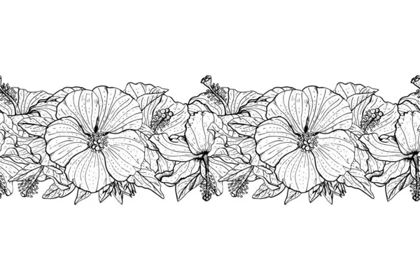 Hand Drawn Monochrome Hibiscus Flowers Seamless Brushe Floral Endless Border — Stock Vector