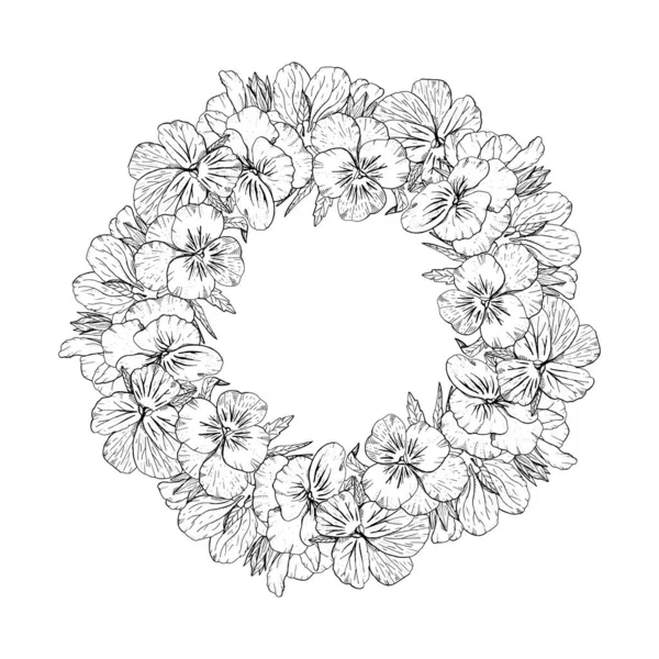 Hand drawn monochrome pansy flowers circular wreath. Floral design element. Isolated on white background. Vector — Stock Vector