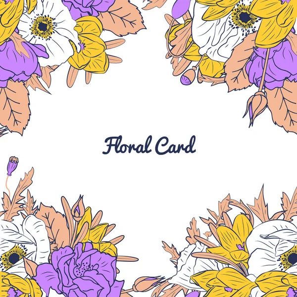Modelo de cartão quadrado com mão desenhada rosa colorida, papoula, quadro de flores de croco. Vetor — Vetor de Stock