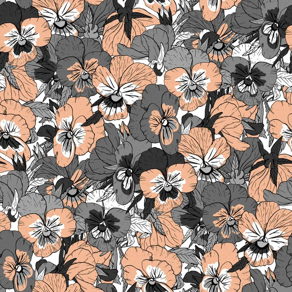 Patrón sin costura floral gris y rosa con flores pansy dibujadas a mano sobre fondo blanco. vector de stock — Archivo Imágenes Vectoriales