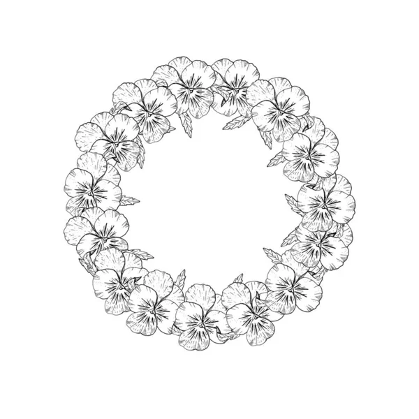 Flores monocromáticas dibujadas a mano corona circular. Elemento de diseño floral. Aislado sobre fondo blanco. Vector — Vector de stock