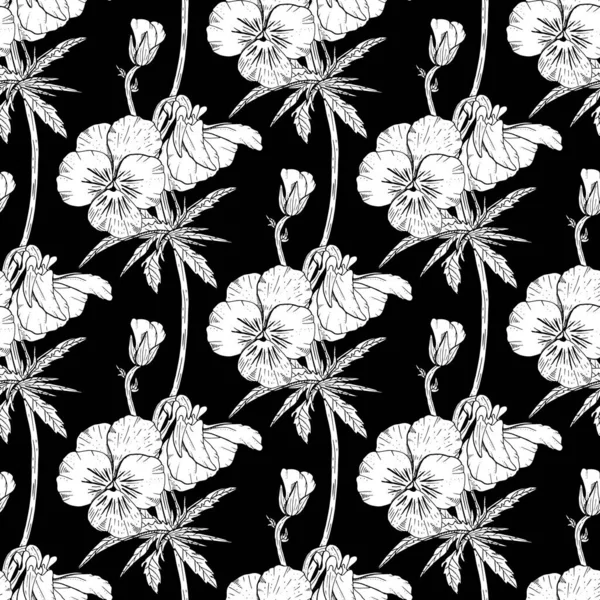 Monochrome floral seamless pattern with hand drawn pansy flowers on black background. Stock vector — Stock Vector