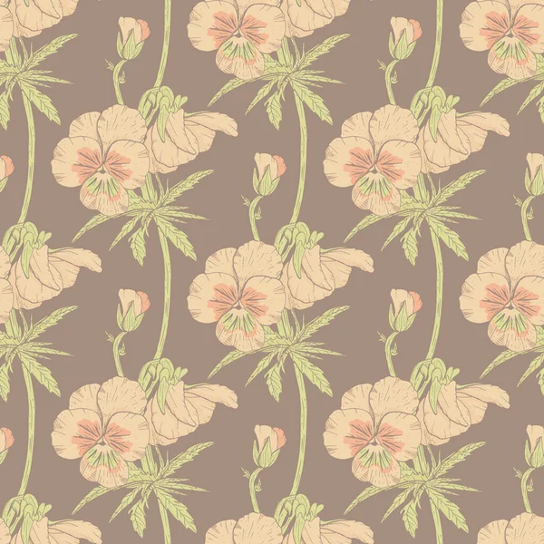 Vintage patrón floral rosa sin costuras con flores pansy dibujadas a mano sobre fondo oscuro. vector de stock — Archivo Imágenes Vectoriales