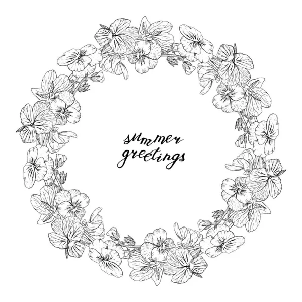 手描きの単色のパンジーの花円形の花輪。花のデザイン要素。白い背景に隔離されている。ベクトル — ストックベクタ