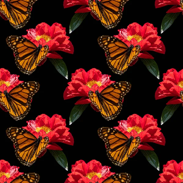 Színes Virágos Zökkenőmentes Minta Vörös Bazsarózsa Virágok Uralkodó Pillangók Kollázs — Stock Fotó