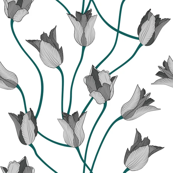 Černobílý Květinový Bezešvý Vzor Ručně Kreslenými Tulipány Květiny Bílém Pozadí — Stockový vektor