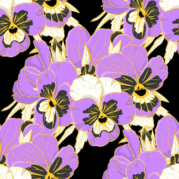 Motif Floral Sans Couture Coloré Avec Des Fleurs Pansy Dessinées — Image vectorielle