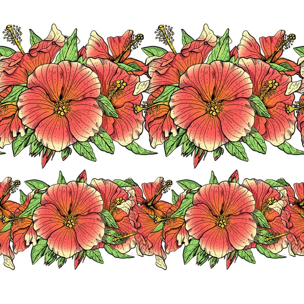 Ручной Рисунок Красочные Цветы Гибискуса Бесшовные Brushe Цветочные Бесконечные Границы — стоковый вектор