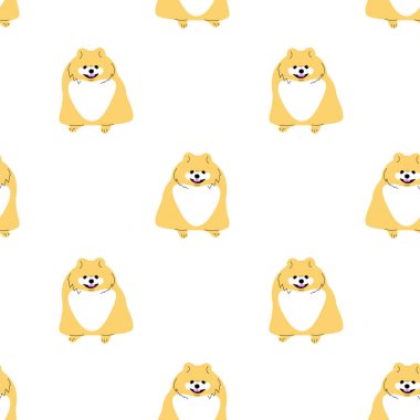Beyaz arka planda düz stil Pomeranya köpekleri olan kusursuz desenler. Stok vektörü