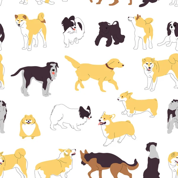 Repita o padrão sem costura com estilo plano diferentes cães bonitos no fundo branco. Vetor — Vetor de Stock