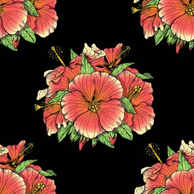 Siyah arka planda el çizimi kırmızı amber çiçekleri olan renksiz çiçek deseni. Stok vektörü