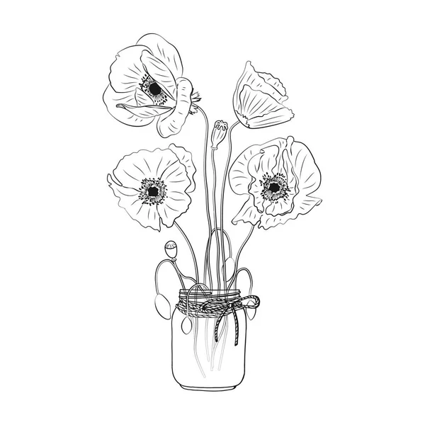 Flores Amapola Monocromas Dibujadas Mano Clipart Tarro Albañil Elemento Diseño — Vector de stock