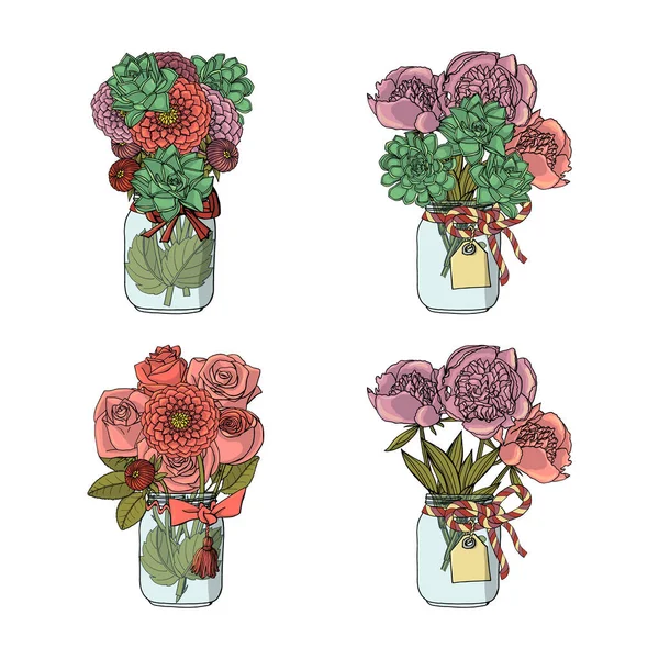 Ramos Garabatos Dibujados Mano Diferentes Flores Rosa Peonía Dalia Suculentas — Vector de stock