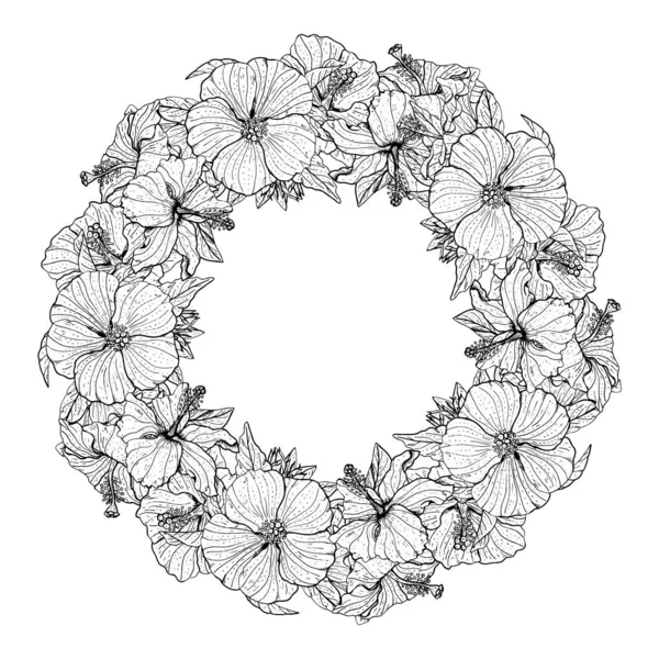 Handgetekende Monochrome Hibiscus Bloemen Ronde Krans Bloemen Ontwerp Element Geïsoleerd — Stockvector