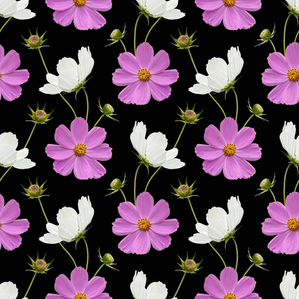 Colorful floral seamless pattern with cosmos flowers collage on black background. Stock illustration.