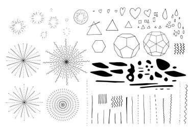 El çizimi siyah çizgili sanat seti. Boho tarzı. Soyut tasarım elemanları ve geometri figürleri. Beyaz arka planda izole edilmiş. Vektör illüstrasyonu.