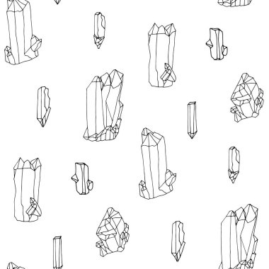 Beyaz arka planda elle çizilmiş kristallerle tek renkli, pürüzsüz desen. Vektör illüstrasyonu.