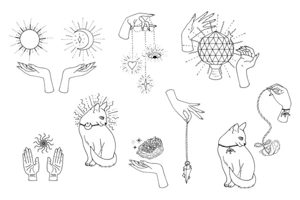 El çizimi siyah çizgili sanat seti. Boho tarzı. Kutsal eşyaları tutan kadın cadı elli sahneler. Beyaz arka planda izole edilmiş. Vektör illüstrasyonu.