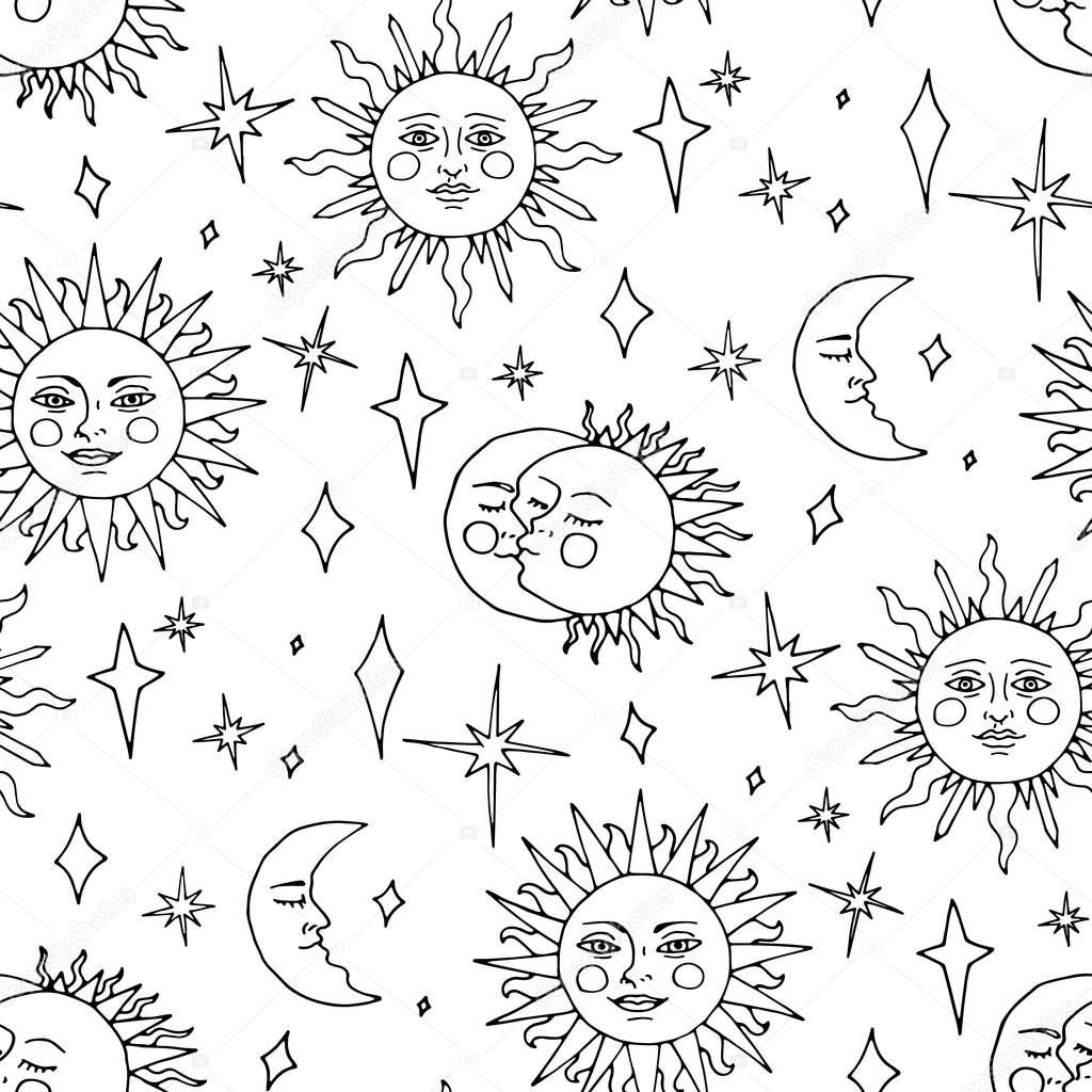 Monochrome seamless pattern with hand drawn sun, moon and stars on white background. Vector illustration.