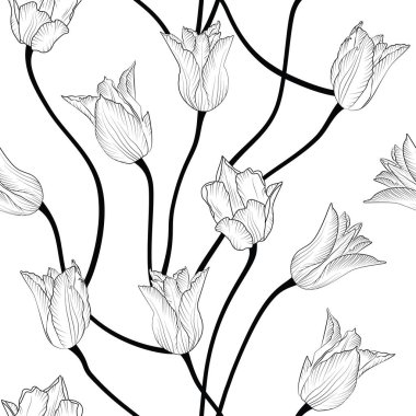 Beyaz arka planda el çizimi lale çiçekleri olan tek renkli çiçeksiz desen. Stok vektörü