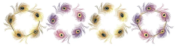 Pfauenfedern violett und goldene Kränze gesetzt. Vereinzelt auf weißem Hintergrund. Vektor — Stockvektor