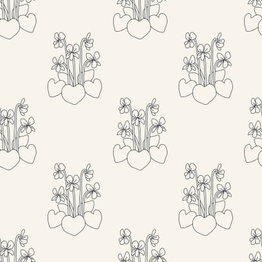 Siyah ve beyaz kanarya adaları olan kusursuz desenli mavi menekşe çiçekleri klasik millefleur tarzında. Tek renkli el klasik duvar kağıdı vektör çizimi