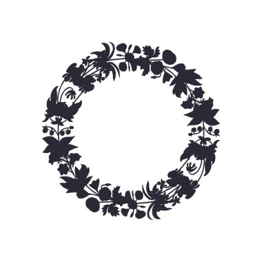 El çizimi sanat kanaryası adaları çiçekleri siyah siluet çelenkleri. Şirin çiçek desenli kart şablonu. Botanik vektör çizimi beyaza izole edildi.