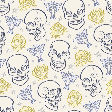 Luna güveleri ve güllerle çevrili elle çizilmiş mürekkepli çiçek kafatası desenleri. İskelet kafalar arka planda kelebekler ve çiçeklerle.