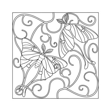 Sanat nouveau luna güve ve dekoratif asma el çizilmiş monokrom boyama kitabı sayfası. Klasik siyah-beyaz kelebek tasarım vektör çizimi.