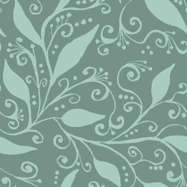 El çizimi soyut tek renkli mavi botanik dikişsiz desen ve pürüzlü kenarlar yeşillik. Kırsal çiçekli siluetler Duvar kağıdını tekrarlıyor.