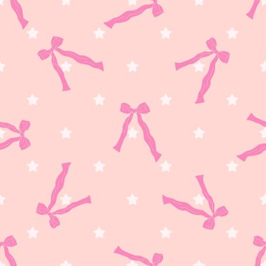 Pembe düğümler ve yıldızlar çizilmiş, kusursuz bir desen. Oldukça eski moda duvar kağıtları. Düğün, doğum günü ya da sevgililer günü dekorasyonu için klasik romantik arka plan