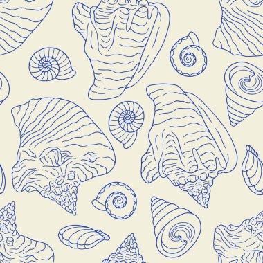 Mavi ve bej renkli çizgiler deniz kabuğu deniz kabukları kıyı kesimsiz desenler. El çizimi yumuşakçalar arka planı tekrarlar. Deniz yaşamı dokusu.