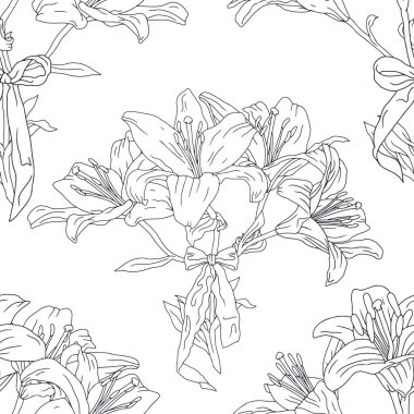 Siyah beyaz çizgili, kusursuz, el yapımı zambak çiçekleri ve süslü papyon düğümleriyle. Tek renkli boho çiçekli tekrar eden duvar kağıdı. Vektör illüstrasyonu