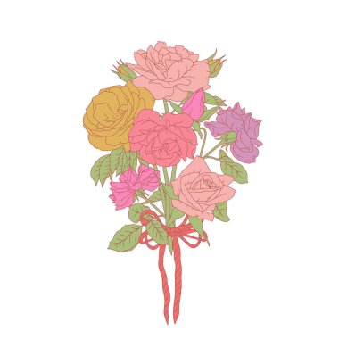 El çizimi sanat retro paleti beyaz arka planda izole gül buketi. Klasik romantik botanik vektör çizimi