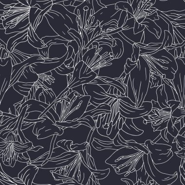 Siyah beyaz çizgili, dikdörtgen desenli, el yapımı zambak çiçeği desenli. Doğrusal boho çiçekli yineleme arka planı. Vektör illüstrasyonu