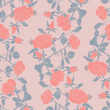Tarafsız arka planda elle çizilmiş pembe gül çiçekleri olan klasik dikişsiz desen. Boho çiçek desenli duvar kağıdı. Vektör illüstrasyonu