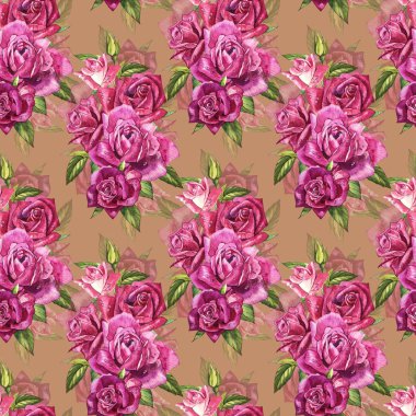 Doğal Pembe gül arka plan. Kırmızı ve pembe gül, suluboya resim seamless modeli.