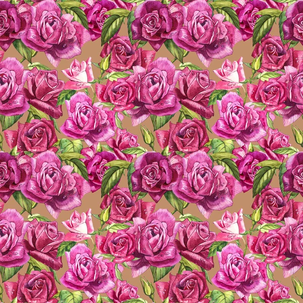 Natural pink roses background. Seamless pattern of red and pink roses, watercolor illustration. — Stock Photo, Image